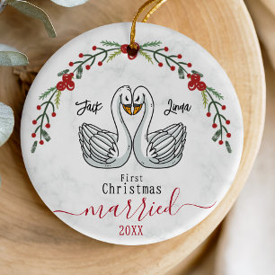 Cute first Christmas married white birds Ceramic Ornament