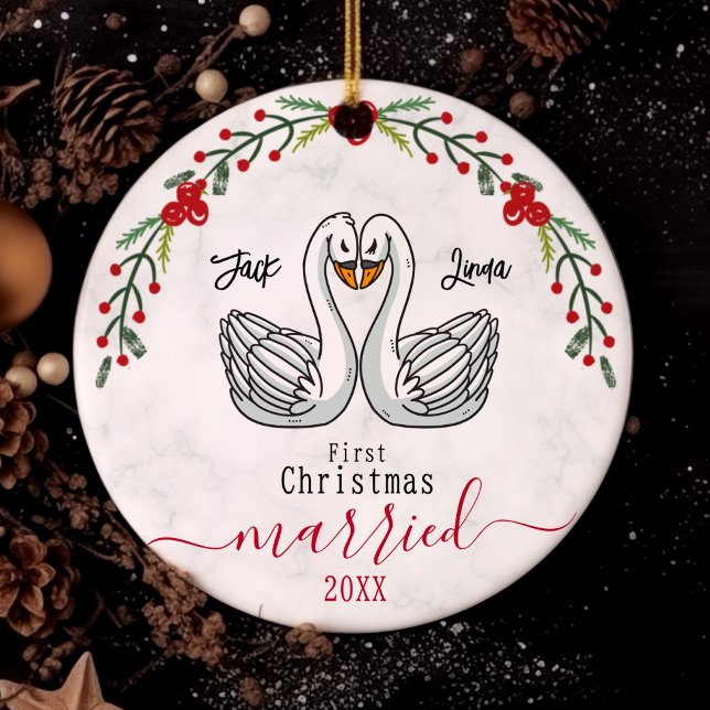 Cute first Christmas married white birds Ceramic Ornament (Creator Uploaded)