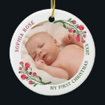 Cute First Christmas New Baby Ceramic Ornament<br><div class="desc">Celebrate your baby's first Christmas with a personalised ornament that you'll cherish for years to come! Our "My First Christmas" ornament features a delightful watercolor drawing of a winterberry twig in a beautiful rose pink and green colour scheme. With space for a photo of your little one, this ornament is...</div>