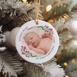 Cute First Christmas New Baby Ceramic Ornament<br><div class="desc">Celebrate your baby's first Christmas with a personalised ornament that you'll cherish for years to come! Our "My First Christmas" ornament features a delightful watercolor drawing of a winterberry twig in a beautiful rose pink and green colour scheme. With space for a photo of your little one, this ornament is...</div>