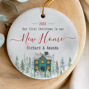 Cute first Christmas new home blue house  Ceramic Ornament