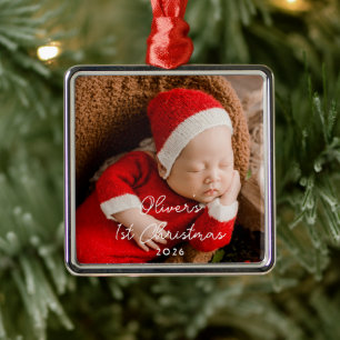 Cute First Christmas Newborn Baby Birth Stats Metal Ornament