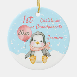 Cute First Christmas Penguin Grandparents Pink Ceramic Ornament