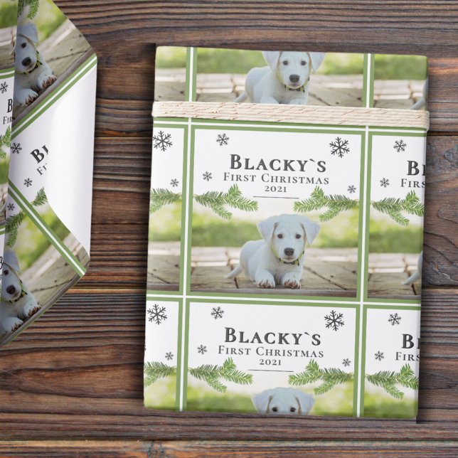 Cute First Christmas Pine Puppy Dog Pet Photo Wrapping Paper (Creator Uploaded)