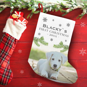 Cute First Christmas Puppy Photo Pine Snowflake   Small Christmas Stocking