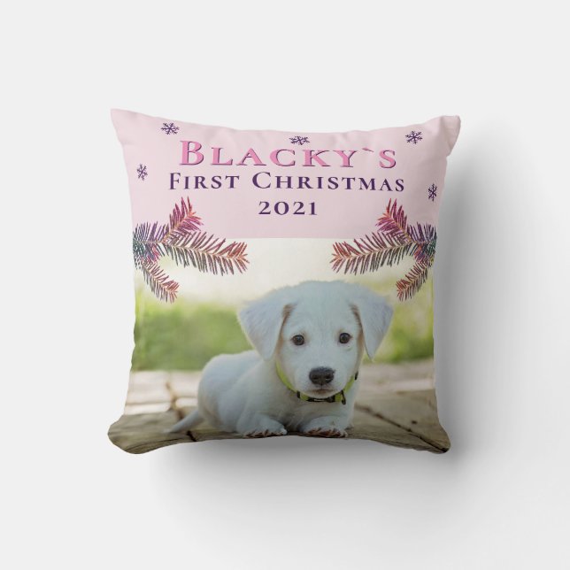 Cute First Christmas Puppy Pink Christmas Photo Cushion (Front)