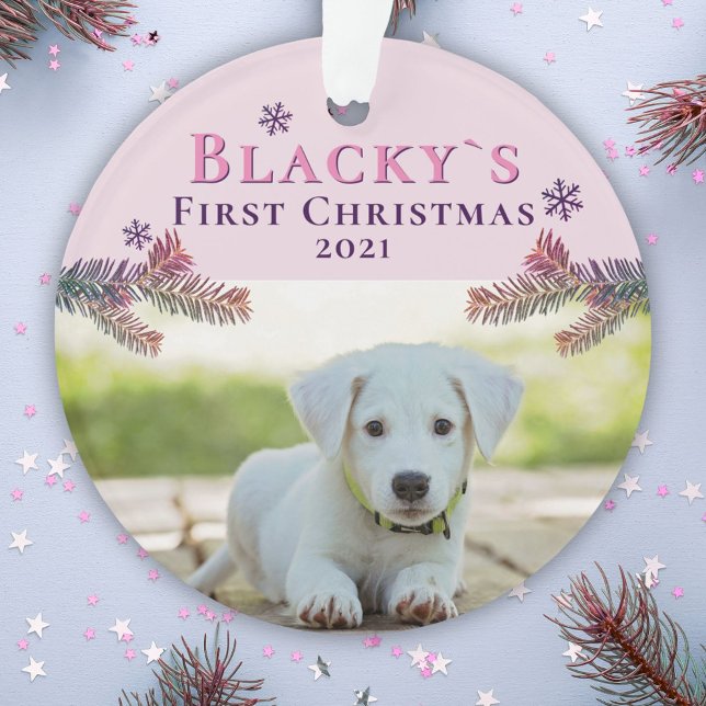 Cute First Christmas Puppy Pink Christmas Photo Ornament (Creator Uploaded)
