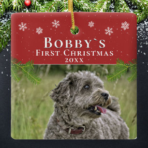 Cute First Christmas Puppy Red Christmas Photo Ceramic Ornament