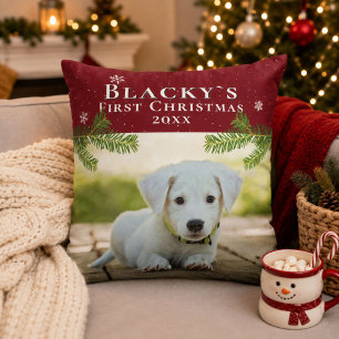 Cute First Christmas Puppy Red Christmas Photo Cushion