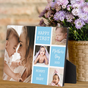 Cute First Mother's Day Blue 4 Photo Collage   Plaque