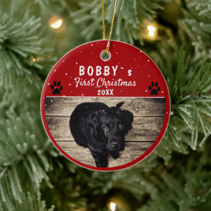 Cute First Puppy Christmas Paw Red Dog Photo Ceramic Ornament