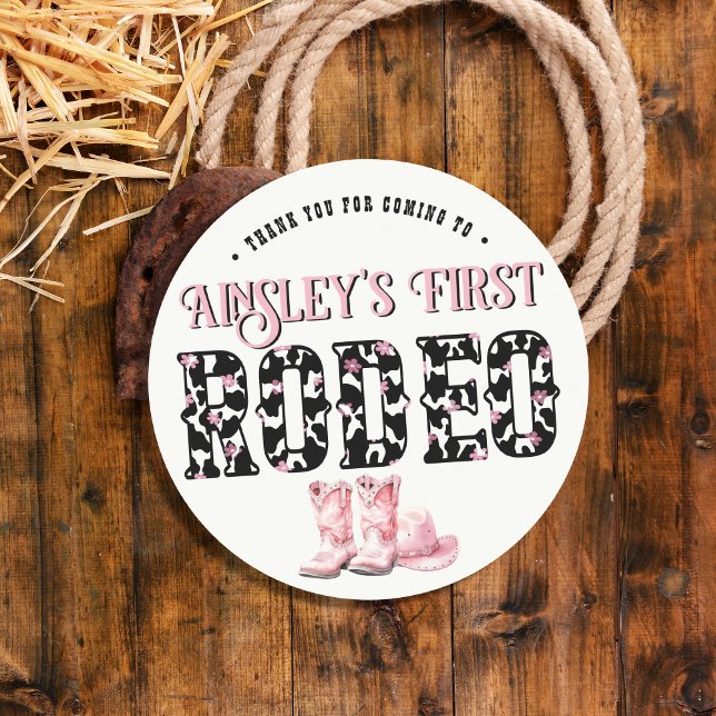 Cute First Rodeo Pink Personalised 1st Birthday Classic Round Sticker (Creator Uploaded)