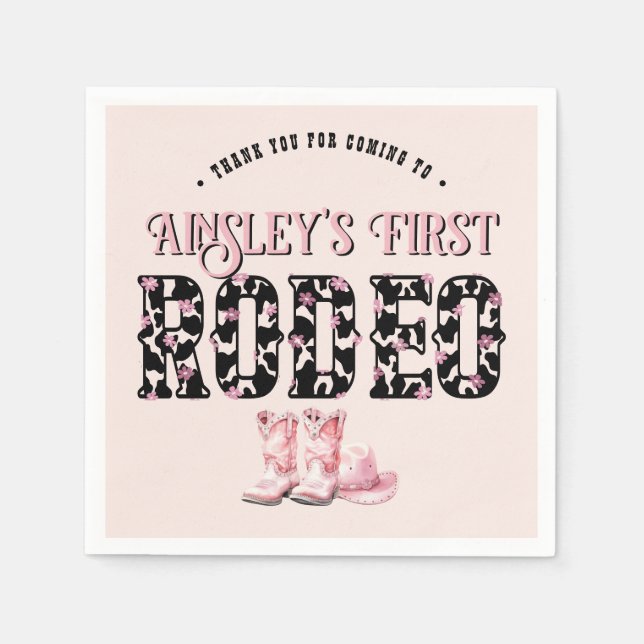 Cute First Rodeo Pink Personalised 1st Birthday Napkin (Front)