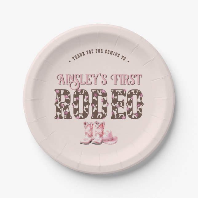 Cute First Rodeo Pink Personalised 1st Birthday Paper Plate (Front)