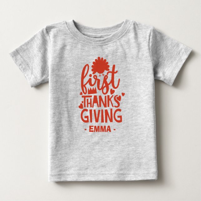 Cute First Thanks Giving Personalised Baby's Name Baby T-Shirt (Front)