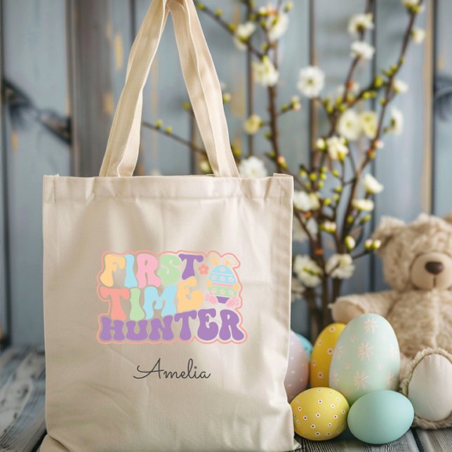 Cute First Time Hunter Easter Egg Hunt Tote Bag (Cute First Time Hunter 1st Easter Egg Hunt Tote Bag, Bunny Ears, Retro Pastel Personalized, Colorful)