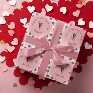 Cute First Valentines Day Pink and Red Ladybugs Wrapping Paper