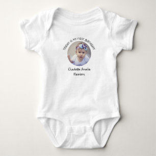 Cute First Year Name Round Photo Birthday Party Baby Bodysuit