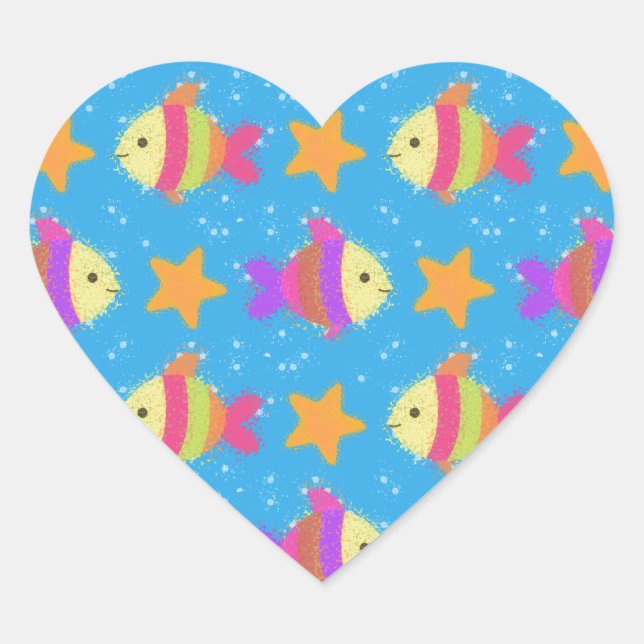 Cute Fish And Starfish Pattern Heart Sticker (Front)