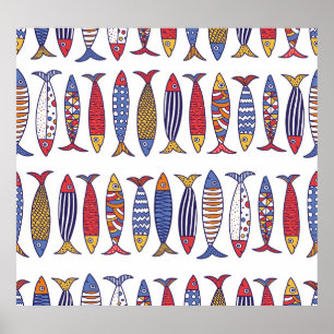 Cute Fish Illustration: Kids Seamless Background Poster