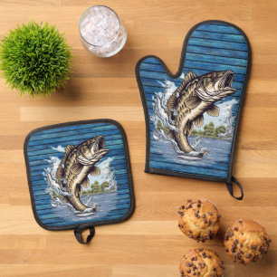 Cute fish lovers lake house fishing cabin oven mitt & pot holder set