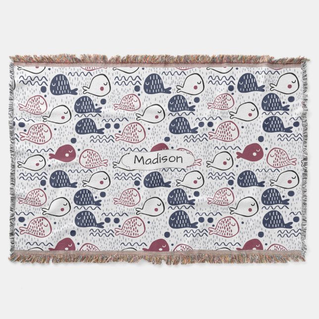 Cute Fish Pattern custom name throw blanket (Front)