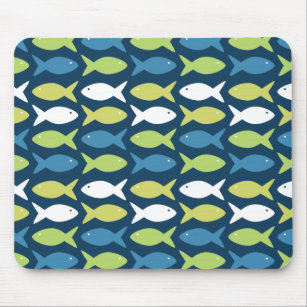 Cute Fish Pattern in Blue Green Yellow and White Mouse Pad