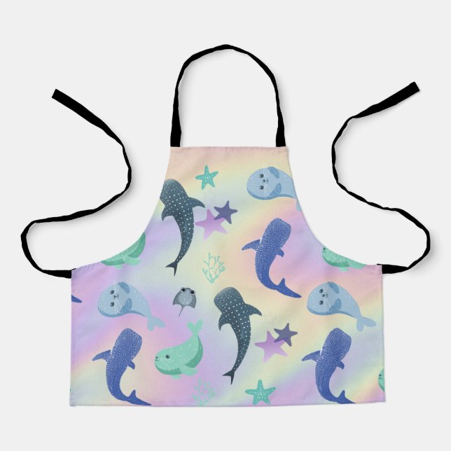 Cute Fish seal Ray Whale on gradient Rainbow Apron (Front)