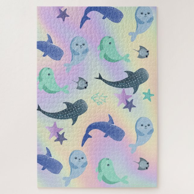 Cute Fish seal Ray Whale on gradient Rainbow Jigsaw Puzzle (Vertical)