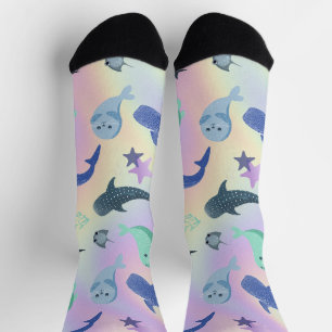 Cute Fish seal Ray Whale on gradient Rainbow Socks