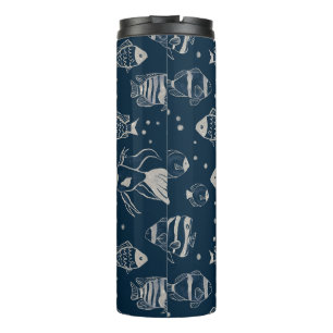 Cute Fish Sketch On Dark Blue Water Thermal Tumbler