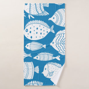 Cute fish vintage set. Decorative illustration. Co Bath Towel