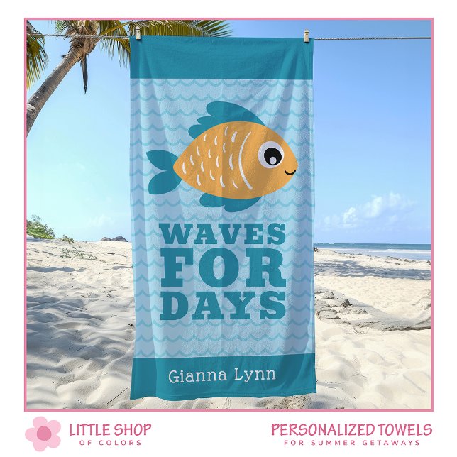 Cute Fish Waves for Days Personalised Kids Beach Towel (Creator Uploaded)
