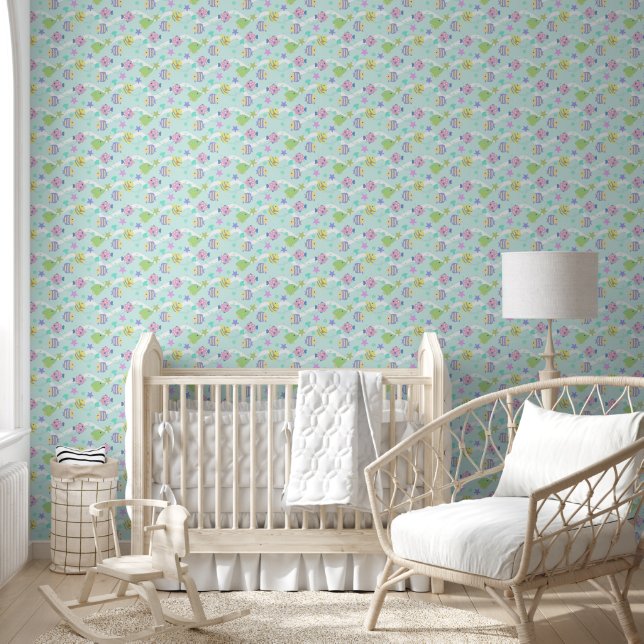 Cute Fishes Pastel Blue Wallpaper (Kids)