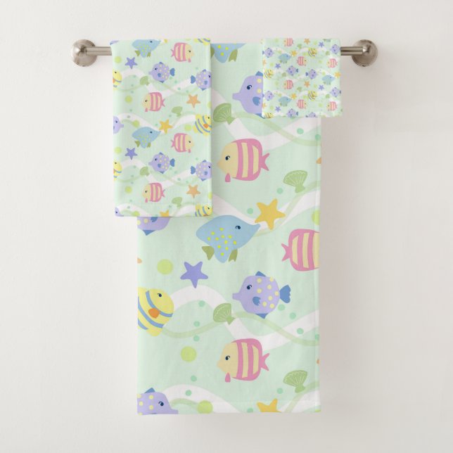 Cute Fishes Pastel Green Bath Towel Set (Insitu)