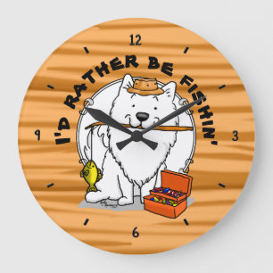 Cute Fishing American Eskimo Dog - Eskie Large Clock