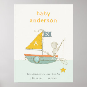 Cute Fishing Bear Star Sailboat Kids Monogram Baby Poster