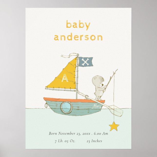 Cute Fishing Bear Star Sailboat Kids Monogram Baby Poster (Front)
