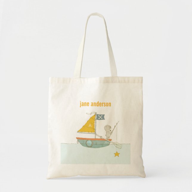 Cute Fishing Bear Star Sailboat Kids Monogram Tote Bag (Front)