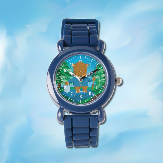 Cute fishing brown bear kid personalised watch (Creator Uploaded)