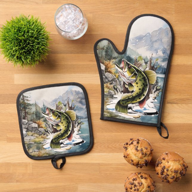 Cute fishing cabin lake house kitchen fish oven mitt & pot holder set (Top Down)