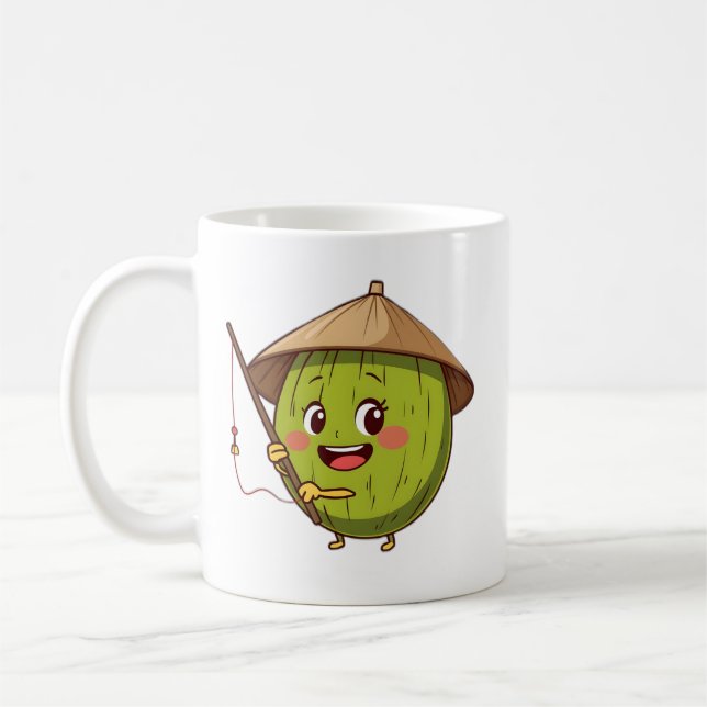 Cute Fishing Coconut Cartoon - Tropical Summer Vib Coffee Mug (Left)