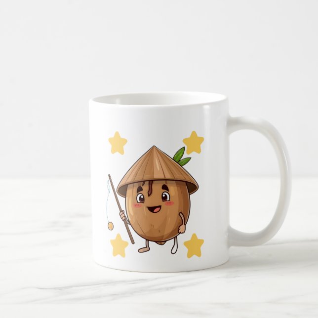 Cute Fishing Coconut with Conical Hat Cartoon Mug (Right)
