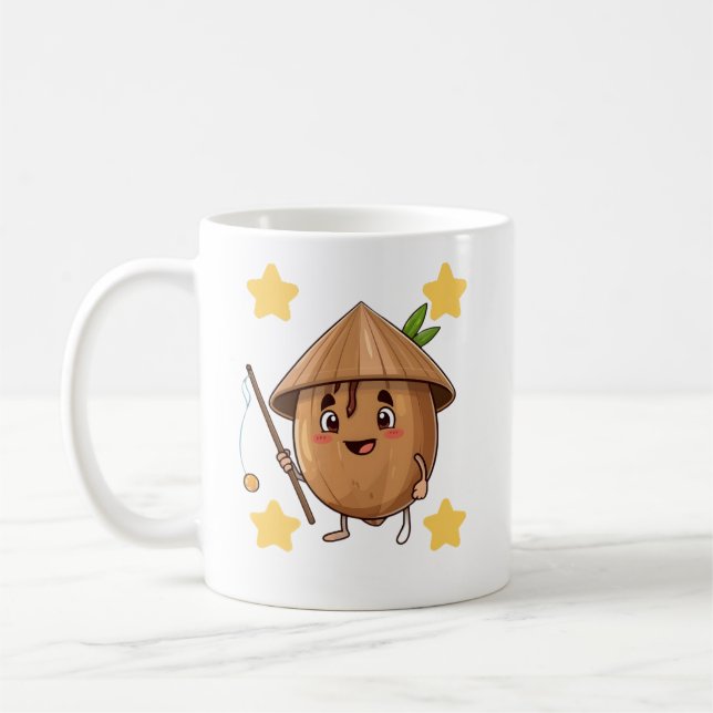 Cute Fishing Coconut with Conical Hat Cartoon Mug (Left)