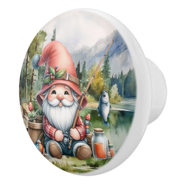 Cute fishing gnome crafting home  ceramic knob (Right)