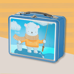 Cute Fishing Polar Bear Kid Metal Lunchbox