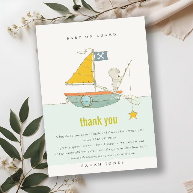 Cute Fishing Teddy Bear Star Sailboat Baby Shower Thank You Card (Creator Uploaded)