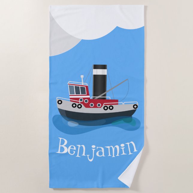 Cute fishing trawler boat cartoon illustration beach towel (Front)