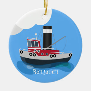 Cute fishing trawler boat cartoon illustration ceramic ornament