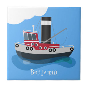 Cute fishing trawler boat cartoon illustration ceramic tile